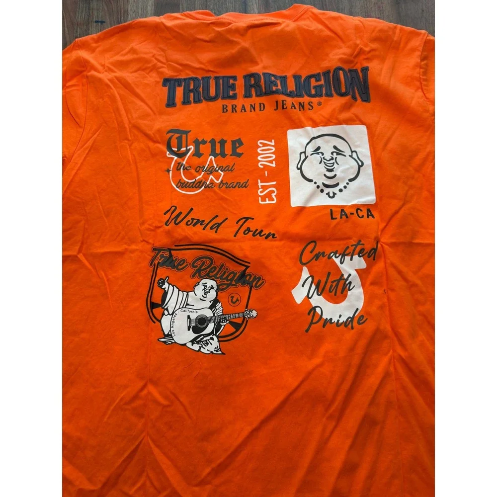 True Religion Mens Red Orange Applique Multi Logo T-Shirt 3XL 701207 New